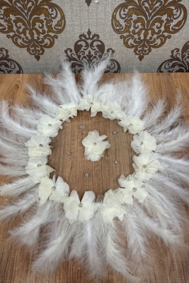 Krem Gelin Damat El Mendili, Üç Boyutlu Çiçek Tüy Taş Süslemeli, Düğün Kına Arnavut Sünnet Söz Halay