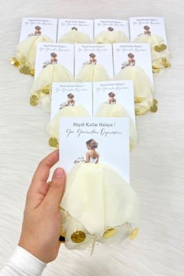 Krem Gold Şifon Kartlı Hediyelik Halay Mendili 10 Adet, Gelin Damat Düğün Kına Sünnet Nişan Bride