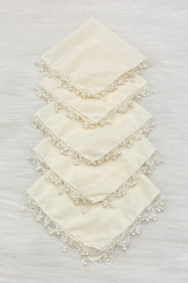 Krem Kristal Cam Boncuklu Gelin Damat Mendili, 1 Adet, Düğün Kına Sünnet Nişan Halay Nedime Hediye