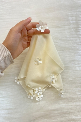 Krem Şifon Halay Mendili Çiçek Ve İnci Süslemeli 5 Adet, Gelin Damat Düğün Kına Sünnet Nişan Bride