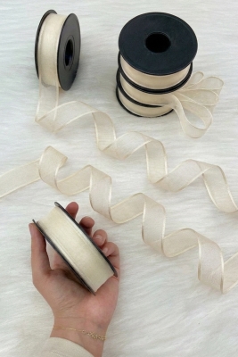 Krem Şifon Kurdele 2,5 cm 20 mt, Gelin, Damat, Bohça, Nişan, Çeyiz, Özel Gün, Hediye, Düğün, Süsü