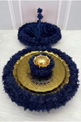 Lacivert Çiçekli Bakır Tepsili Kadife Kına Gecesi Tepsi Sepet Gelin Takımı, Nişan Nikah Düğün Sünnet