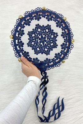 Lacivert Çiçekli Parlak Taşlı Gelin Tefi, Düğün Kına Söz Sünnet Bekarlığa Veda Zilli 25cm, 1 Adet