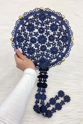 Lacivert Çiçekli Parlak Taşlı Gelin Tefi, Düğün Kına Söz Sünnet Bekarlığa Veda Zilli 25cm, 1 Adet