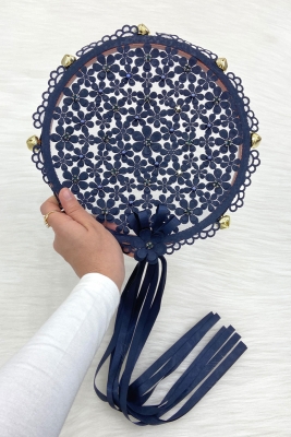 Lacivert Çiçekli Parlak Taşlı Gelin Tefi, Düğün Kına Söz Sünnet Bekarlığa Veda Zilli 25cm, 1 Adet