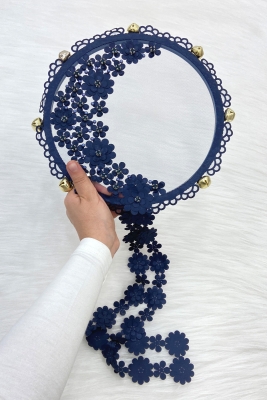 Lacivert Çiçekli Parlak Taşlı Gelin Tefi, Düğün Kına Söz Sünnet Bekarlığa Veda, Zilli 25cm 1 Adet