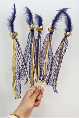 Lacivert Çubuk Nedime Zili Tüylü, Düğün, Kına Gecesi; Sünnet, Bride, Tüy Kurdele Süslemeli 10 Adet