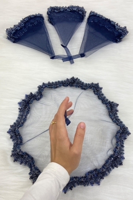 Lacivert Gelin Damat Halay Mendili, Cam Boncuk Ve Incili, Kına Gecesi Bride Düğün Nedime Söz Nişan