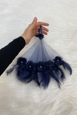 Lacivert Gelin Damat Halay Mendili, Üç Boyutlu Çiçek Ve Tüy Süslemeli, Düğün Kına Nişan Sünnet Bride