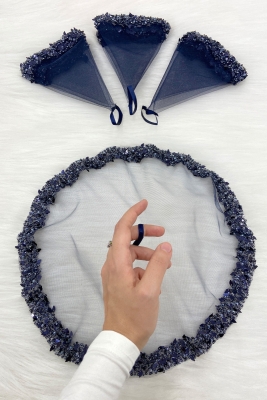 Lacivert Gelin Damat Mendili Halay El Mendili Pullu Boncuklu Yaprak Desenli Düğün Kına Sünnet Nişan