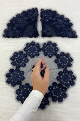 Lacivert Gelin Damat Mendili, İnci Detaylı Düğün Halay Nedime Söz Nişan Kına Sünnet Bride Mendil