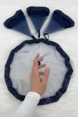 Lacivert Gelin Damat Mendili, İnci, Pul Ve Cam Boncuk İşlemeli, Düğün Kına Sünnet Söz Nişan Halay