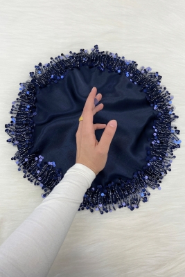 Lacivert Gelin Damat Mendili, Işıl Işıl Pul Ve Boncuk İşlemeli, Düğün Kına Sünnet Söz Nişan Halay