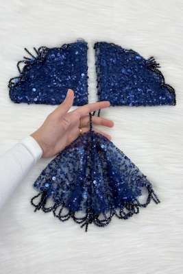 Lacivert Gelin Damat Mendili Pul Payet İnci Ve Kristal Taş Detaylı Düğün Kına Sünnet Söz Nişan Halay