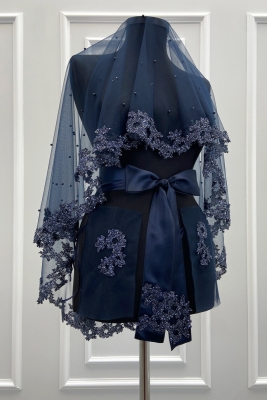 Lacivert Gelin Duvak Seti, Cam Boncuk Ve İncili, Kına Gecesi Duvağı Yüz Örtüsü Seti 6 Parça