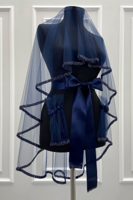 Lacivert Gelin Duvak Seti, Cam Boncuk Ve İncili, Kına Gecesi Duvağı Yüz Örtüsü Seti 6 Parça