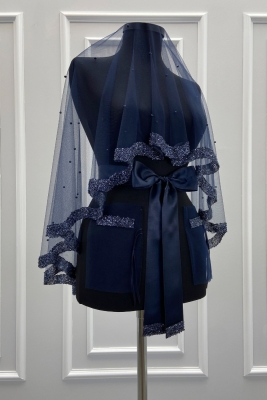 Lacivert Gelin Duvak Seti, Cam Boncuk Ve İncili, Kına Gecesi Duvağı Yüz Örtüsü Seti 6 Parça