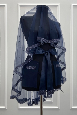 Lacivert Gelin Duvak Seti, Cam Boncuk Ve İncili, Kına Gecesi Duvağı Yüz Örtüsü Seti 6 Parça