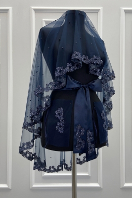 Lacivert Gelin Duvak Seti, Cam Boncuk Ve İncili, Kına Gecesi Duvağı Yüz Örtüsü Seti 6 Parça