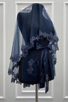 Lacivert Gelin Duvak Seti, Cam Boncuk Ve İncili, Kına Gecesi Duvağı Yüz Örtüsü Seti 6 Parça