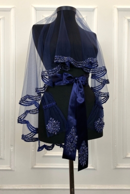 Lacivert Gelin Duvak Seti, Cam Boncuk Ve Pul Baskılı Kına Duvağı Seti 6 Parça