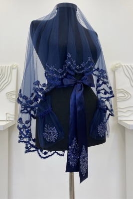 Lacivert Gelin Duvak Seti, Cam Boncuk Ve Pul Baskılı Kına Duvağı Seti 6 Parça