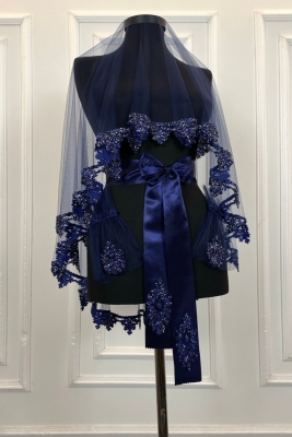 Lacivert Gelin Duvak Seti, Cam Boncuk ve Pul Baskılı Kına Duvağı Seti 6 Parça