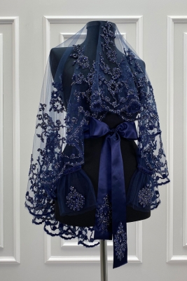 Lacivert Gelin Duvak Seti, Cam Boncuk ve Pul Baskılı Kına Duvağı Yüz Örtüsü Seti 6 Parça