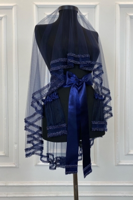 Lacivert Gelin Duvak Seti, Çift Sıra Cam Boncuk ve İnci İşlemeli, Kına Duvağı Seti 6 Parça