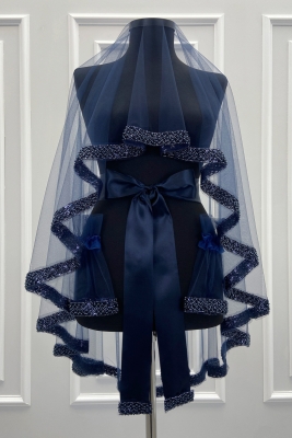 Lacivert Gelin Duvak Seti, İnci, Pul Ve Cam Boncuk İşlemeli, Kına Gecesi Duvağı Seti 6 Parça