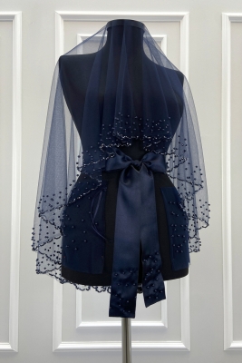 Lacivert Gelin Duvak Seti, Işıl Işıl Kristal Boncuk Ve İncili, Kına Duvağı 6 Parça