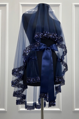 Lacivert Gelin Duvak Seti, Işıl Işıl Kristal Cam Boncuk, İnci ve Pul İşlemeli Kına Duvağı 6 Parça