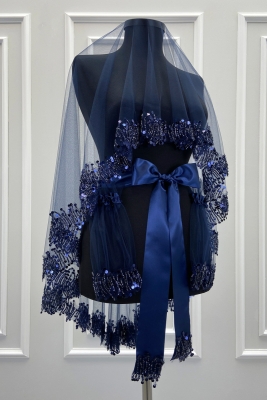 Lacivert Gelin Duvak Seti, Işıl Işıl Kristal Cam Boncuk ve Pul İşlemeli Kına Duvağı 6 Parça