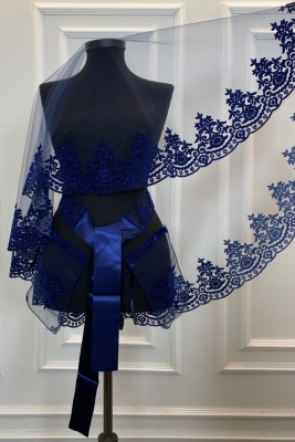 Lacivert Gelin Duvak Seti Klasik Desen Flok Baskı Simli Kına Duvağı