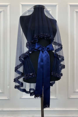 Lacivert Gelin Duvak Seti, Pullu Boncuklu İncili Su Taşlı Yaprak Desenli Kına Duvağı Seti 6 Parça