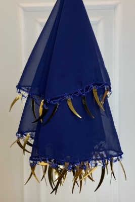 Lacivert Gelin Halay Mendili, Çift Katlı Şifon Kumaş Kılıç Pullu Mendil 50cm