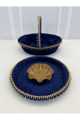 Lacivert Gelin Kına Gecesi Tepsi Ve Sepeti, Lüks Parlak Taşlı Kadife, Düğün, Sünnet, Nişan, Söz