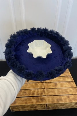 Lacivert Gelin Kına Gecesi Tepsisi, Düğün, Sünnet, Kadife Üç Boyutlu Lazer Çiçek Süslemeli Tepsi