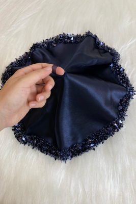 Lacivert Gelin Mendili, Halay El Mendili, Pullu Boncuklu İncili Taşlı Yaprak Detaylı