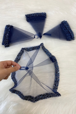 Lacivert Gelin Mendili, Halay El Mendili, Zarif Su Taşlı Pullu Boncuklu Pul Payet