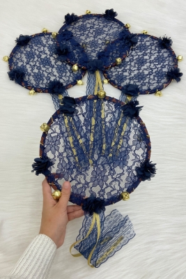 Lacivert Gelin Nedime Tefi Dantel 3D Süslemeli, Düğün Kına Sünnet Bride To Be