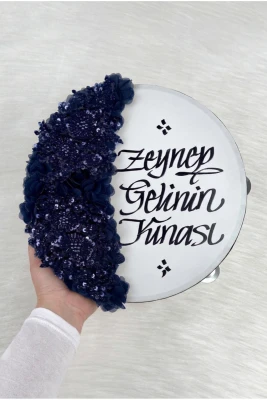Lacivert Gelin Tefi 30 Cm, Kaligrafi Ve Vip Aplik Süslemeli, Düğün Sünnet Kına Nedime Nikah Nişan Söz Bride Parti Bekarlığa Veda Partisi Gelin Damat