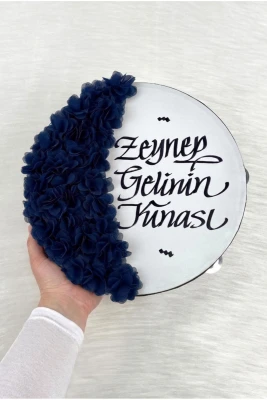 Lacivert Gelin Tefi 30 Cm, Kaligrafi Ve Vip Aplik Süslemeli, Düğün Sünnet Kına Nedime Nikah Nişan Söz Bride Parti Bekarlığa Veda Partisi Gelin Damat
