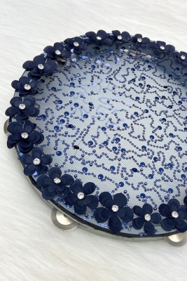 Lacivert Gelin Tefi 32cm Çiçek Pul Payet Parlak Taşlı Düğün Kına Nedime Bride Parti Defi