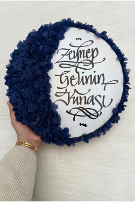 Lacivert Gelin Tefi 32cm, Kaligrafi Ve 3d Çiçek Süslemeli, Düğün Sünnet Kına Nedime Bride Parti Defi