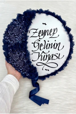 Lacivert Gelin Tefi 32cm, Kaligrafi Ve Vip Aplik Süslemeli, Düğün Sünnet Kına Nedime Nikah Söz Bride Parti Tefi