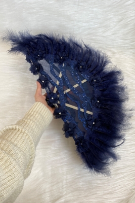 Lacivert Gelin Yelpazesi, Ahşap Tüylü Dantel Ve 3D Çiçek Süslemeli Kına Yelpazesi, Büyük Boy Yelpaze