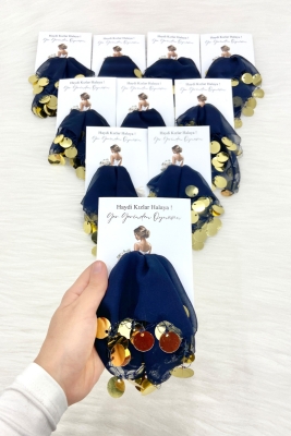 Lacivert Gold Şifon Kartlı Hediyelik Halay Mendili 1 Adet, Gelin Damat Düğün Kına Sünnet Nişan Bride