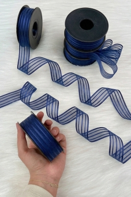 Lacivert Hilton Çizgili Şifon Kurdele 2,5 cm 20 mt, Gelin, Bohça, Nişan, Çeyiz, Hediye Nikah Süsleme