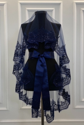 Lacivert Işıl Işıl Güpürlü Kına Duvak Seti, Gelin Duvağı Seti